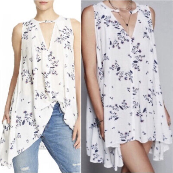Free People Swing white Blue Floral Tunic Tank Size Small - Picture 4 of 9